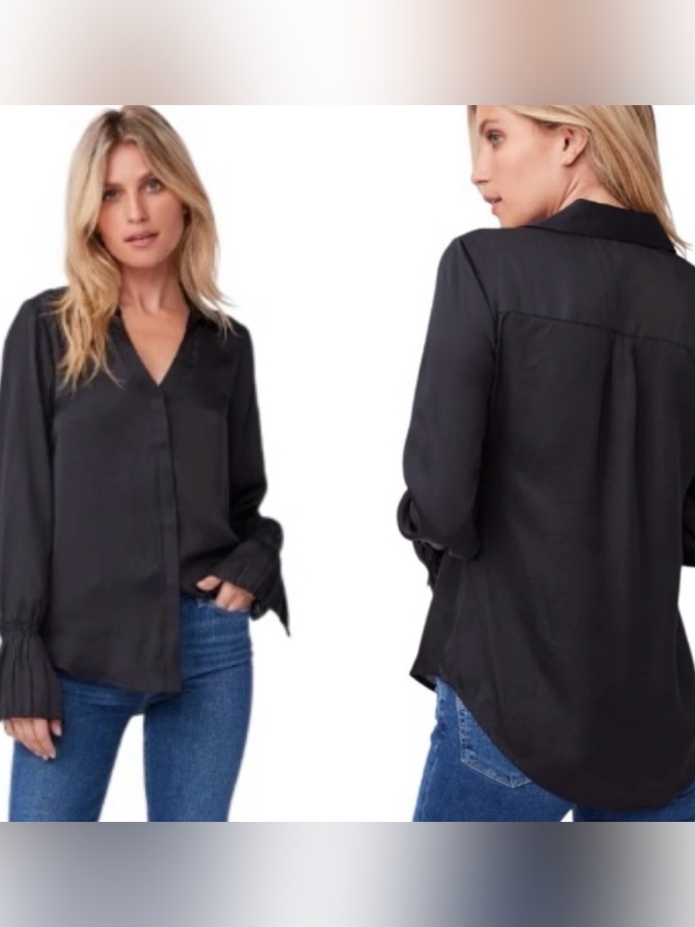 Paige Abriana Flared Cuff Long Sleeve V-neckline Blouse in Satin Feel Black